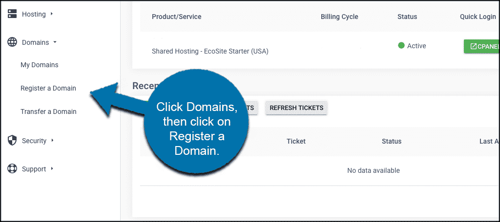 Buy a domain name in greengeeks account