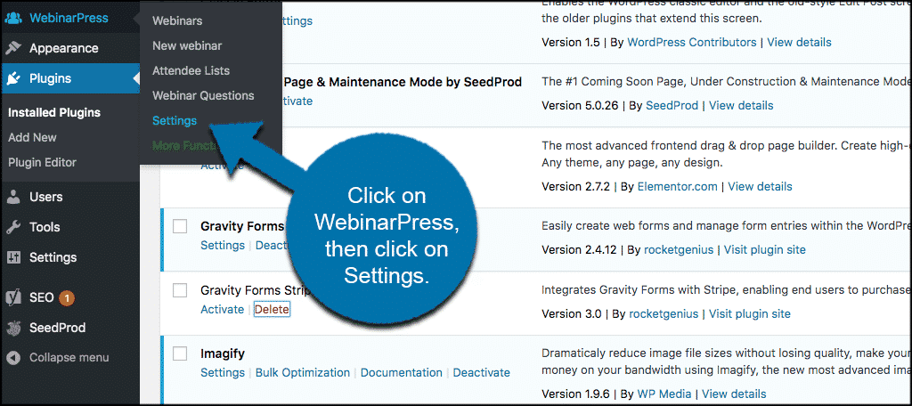 Haga clic en webinarpress y luego en configuración