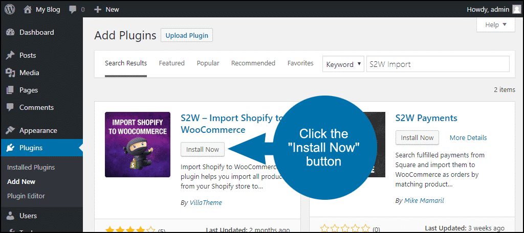 click to install the WordPress S2W Import plugin