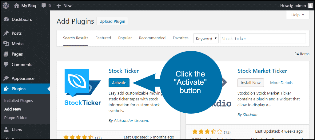 click to activate the WordPress Stock Ticker plugin