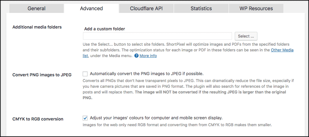 Image optimizer in wordpress advanced tab