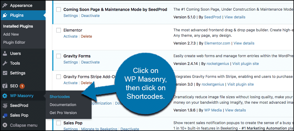 Click wp masonry then shortcodes