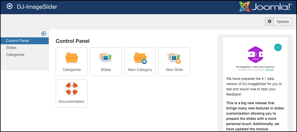 Control panel for image slider in joomla