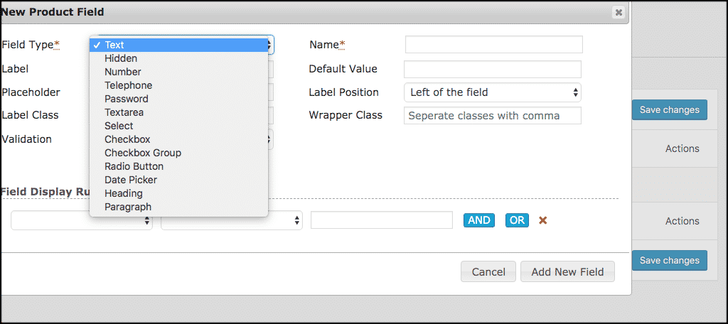 Dropdown box for field type