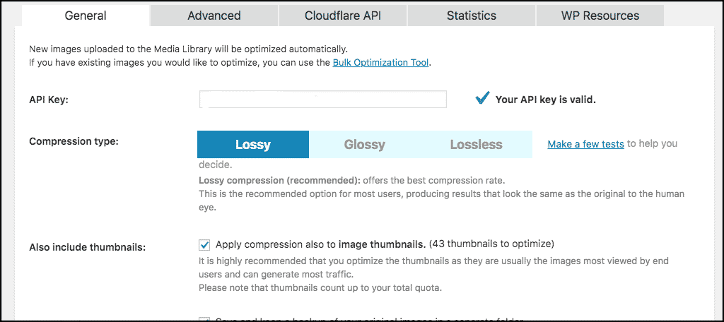 General tab for image optimizer wordpress