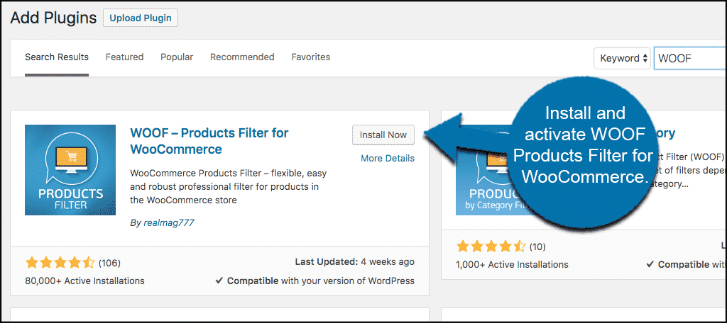 Install and activate product filter for woocommerce