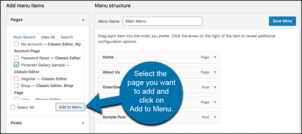 Select page an add to menu