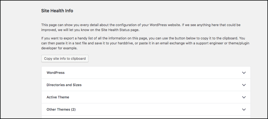 WordPress health check site info