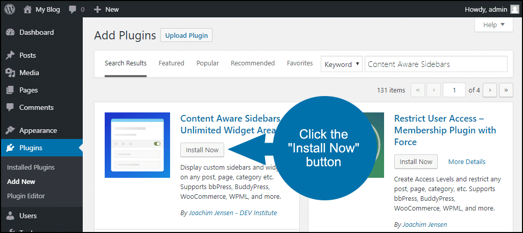 click to install the WordPress Content Aware Sidebars plugin