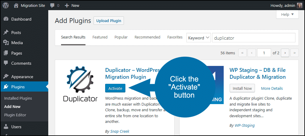 haga clic para activar el complemento WordPress Duplicator