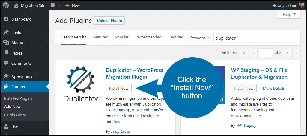 haga clic para instalar el complemento WordPress Duplicator