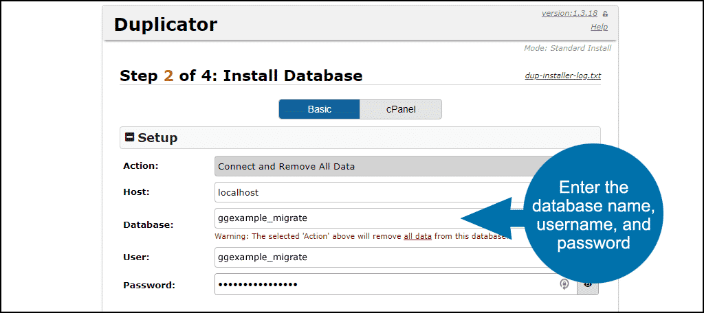 transferir WordPress - ingrese las credenciales de la base de datos