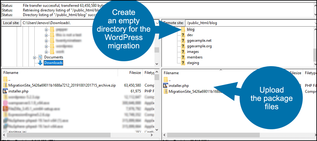 transferir WordPress: cargue los archivos del paquete Duplicator en el directorio vacío