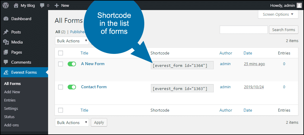 shortcode en la lista de formularios