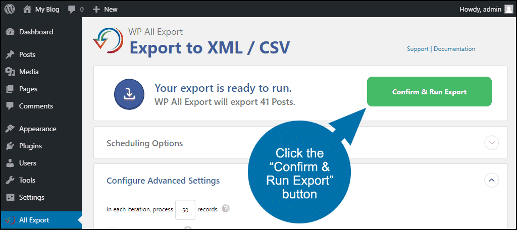 click the "Confirm & Run Export" button