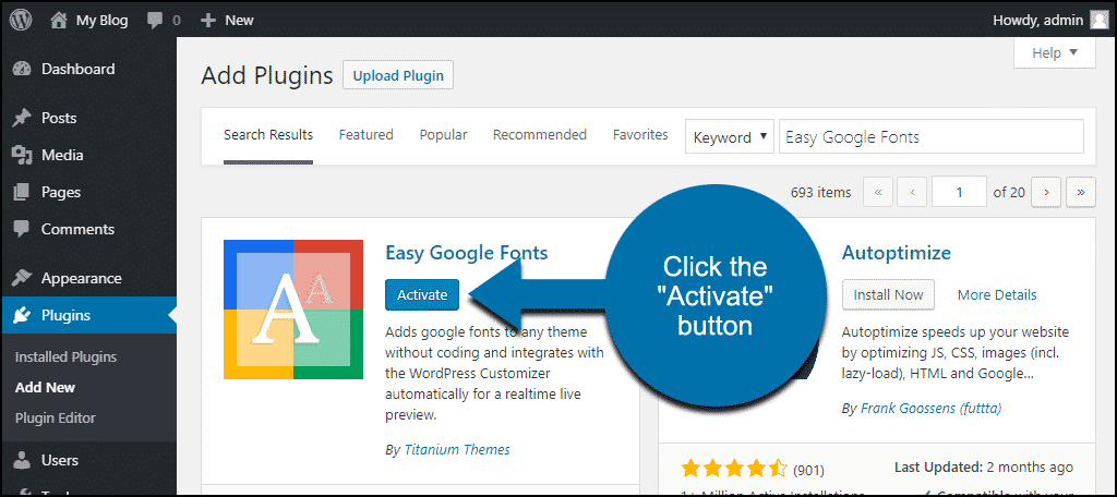 haga clic para activar el complemento WordPress Easy Google Fonts