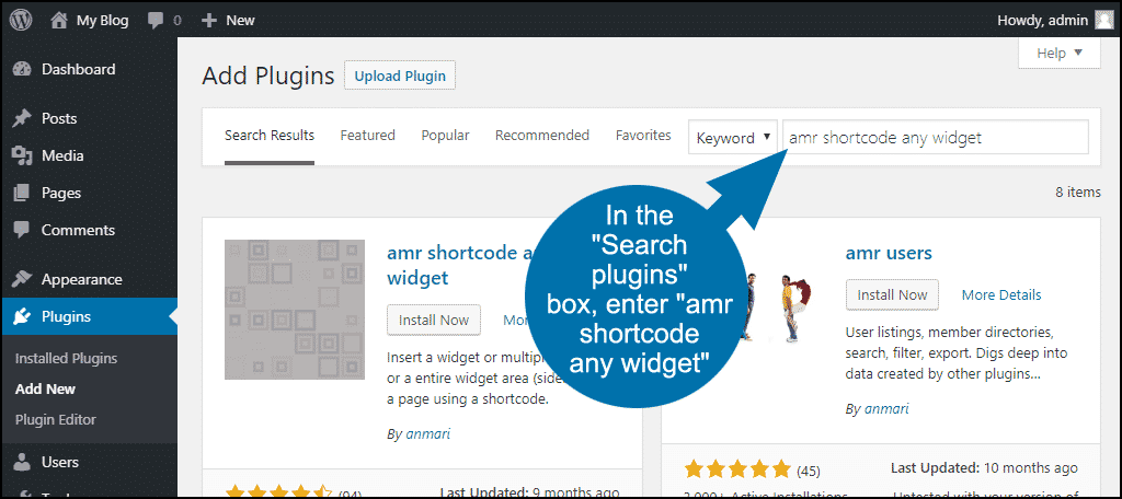 search for the WordPress amr shortcode any widget plugin