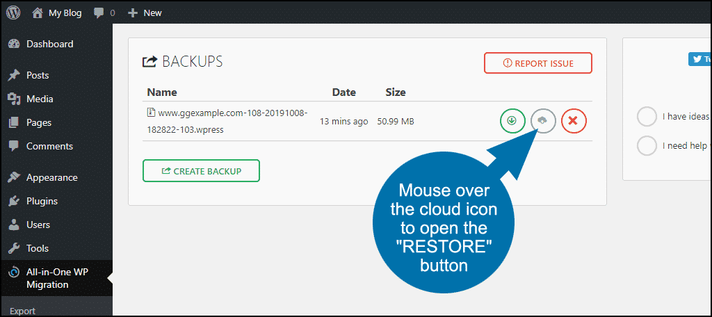 mouse over the cloud icon to open the "RESTORE" button