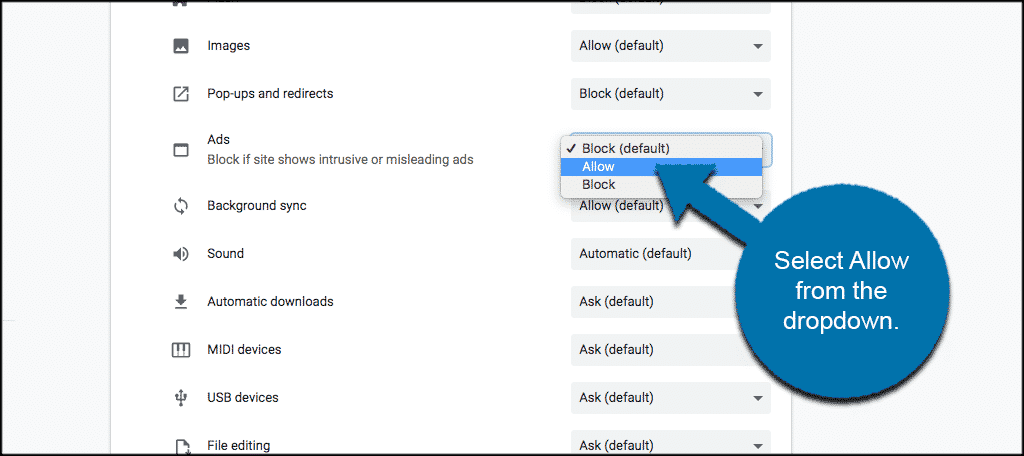Select allow ads in chrome