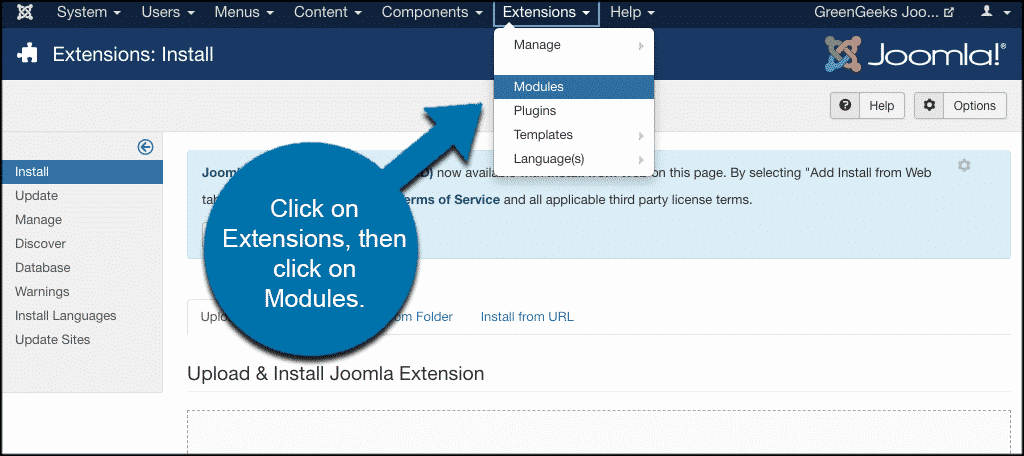 Click on extensions then modules