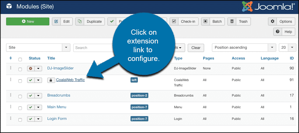 Click on extension link to configure