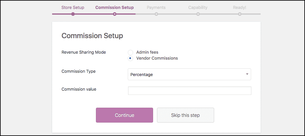 Commission setup tab