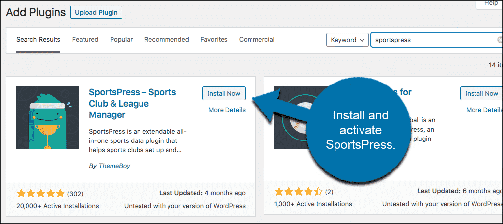 INstall and activate SportsPress plugin