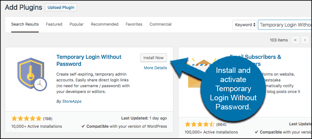 Install and activate wordpress temporary login