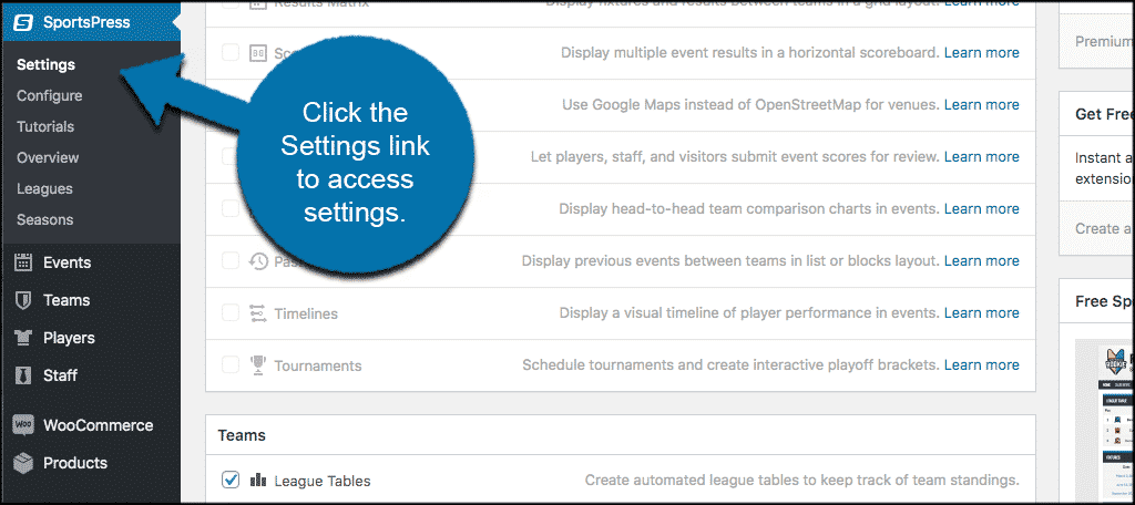 SportsPress settings