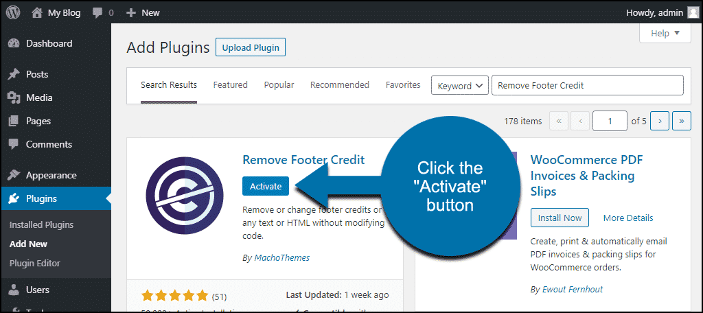 haga clic para activar el complemento Eliminar crédito de pie de página de WordPress