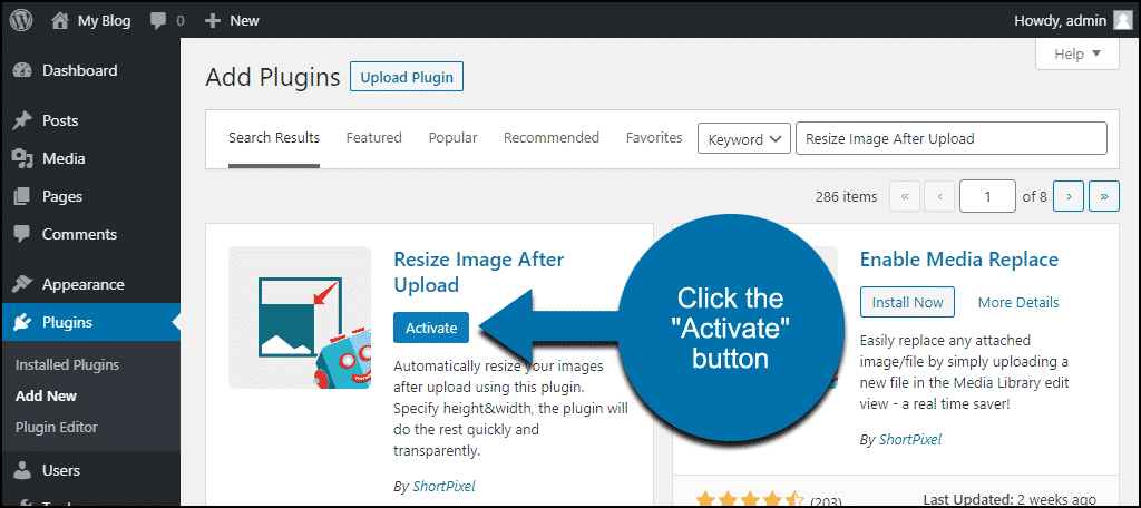 haga clic para activar el complemento de cambio de tamaño de imagen después de cargar de WordPress