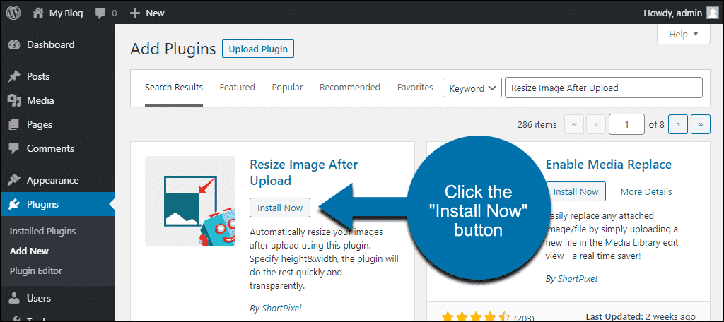 click to install the WordPress Resize Image After Upload plugin