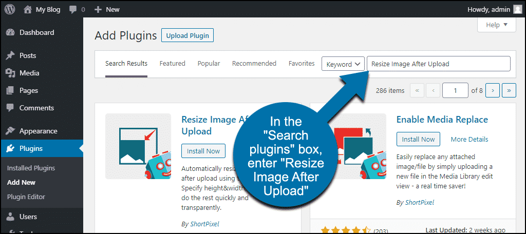 busque el complemento de cambio de tamaño de imagen después de cargar de WordPress