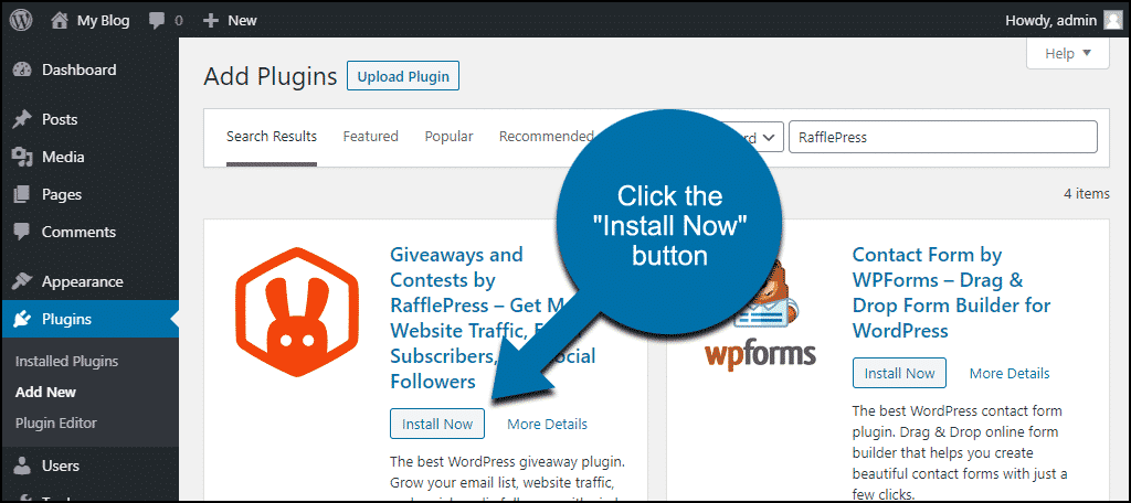 click to install the WordPress Giveaways and Contests by RafflePress plugin