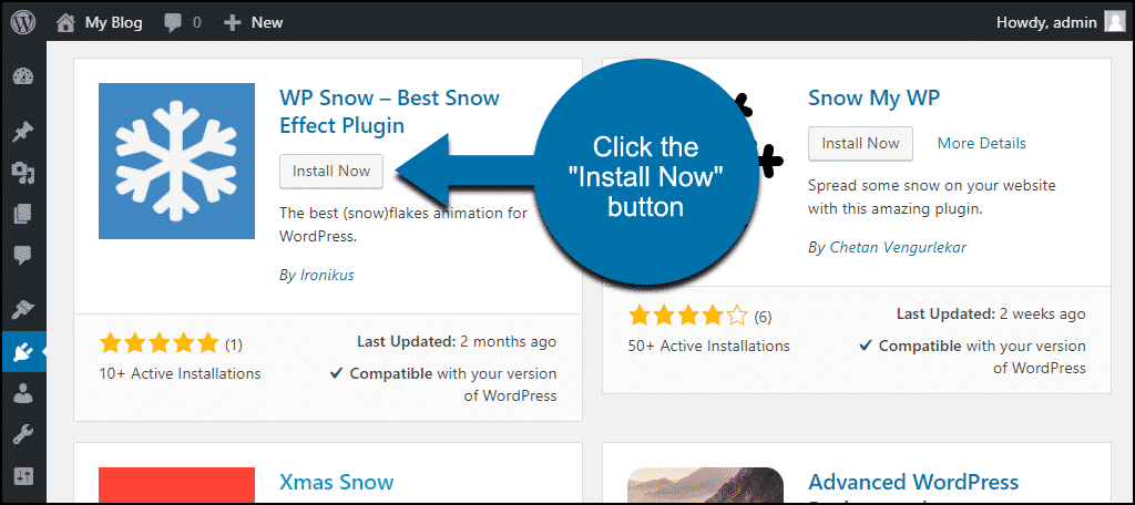 click to install the WordPress WP Snow plugin