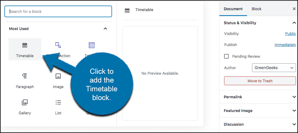 Click to add timetable in wordpress block