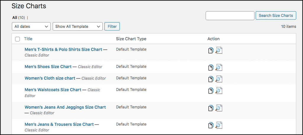 Default product size charts