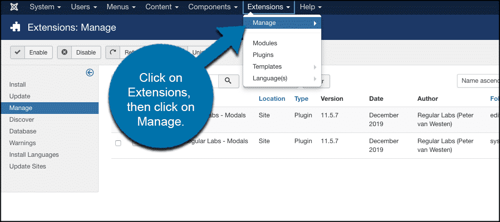 Click on extensions then click on manage