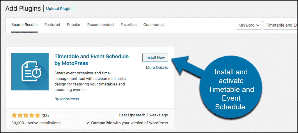 Install and activate timetable in wordpress