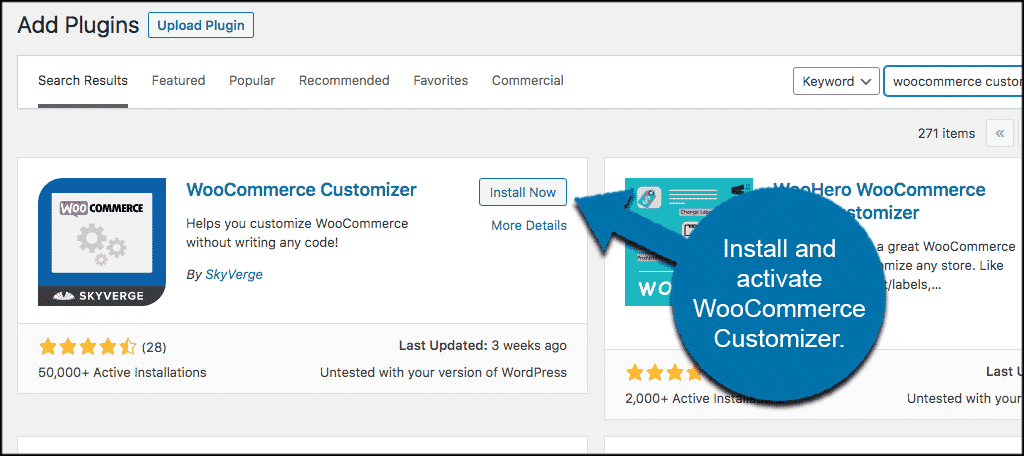 Install and activate woocommerce customizer