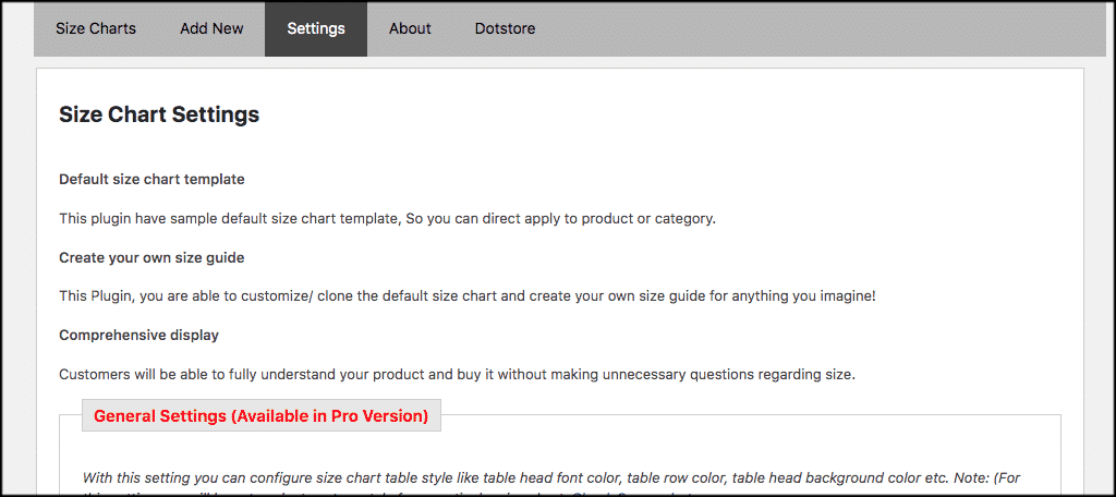 Size chart settings