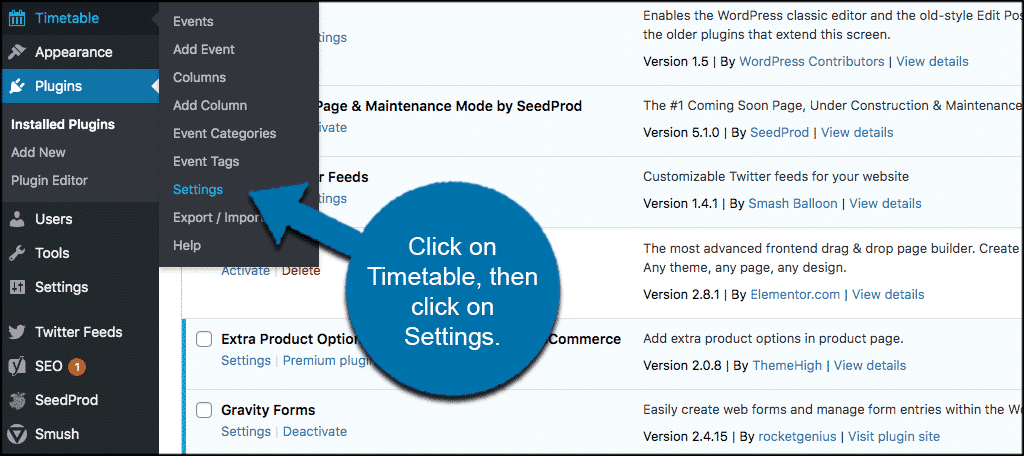 Click on timetable then settings