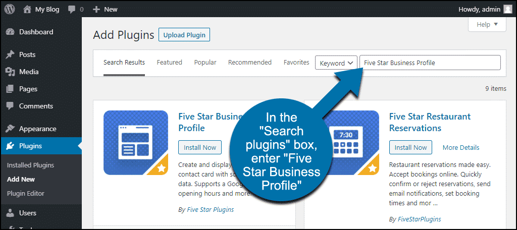 search for the WordPress Five Star Business Profile plugin