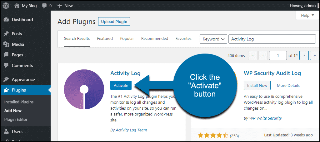 click to activate the WordPress Activity Log plugin