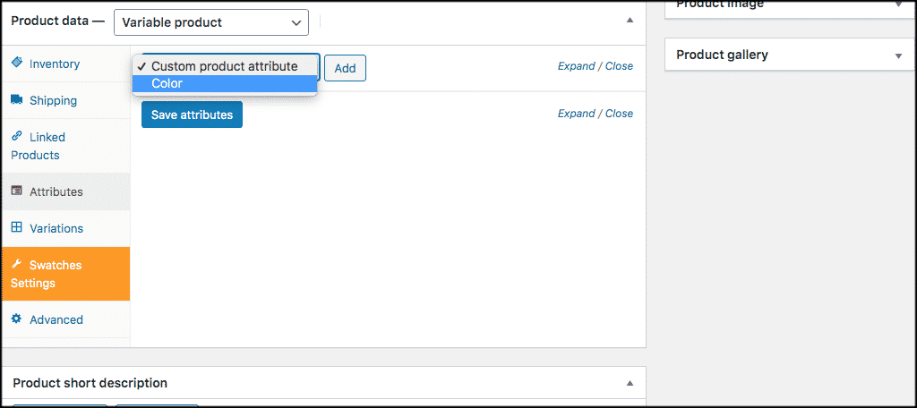 Add woocommerce color product variations attribute