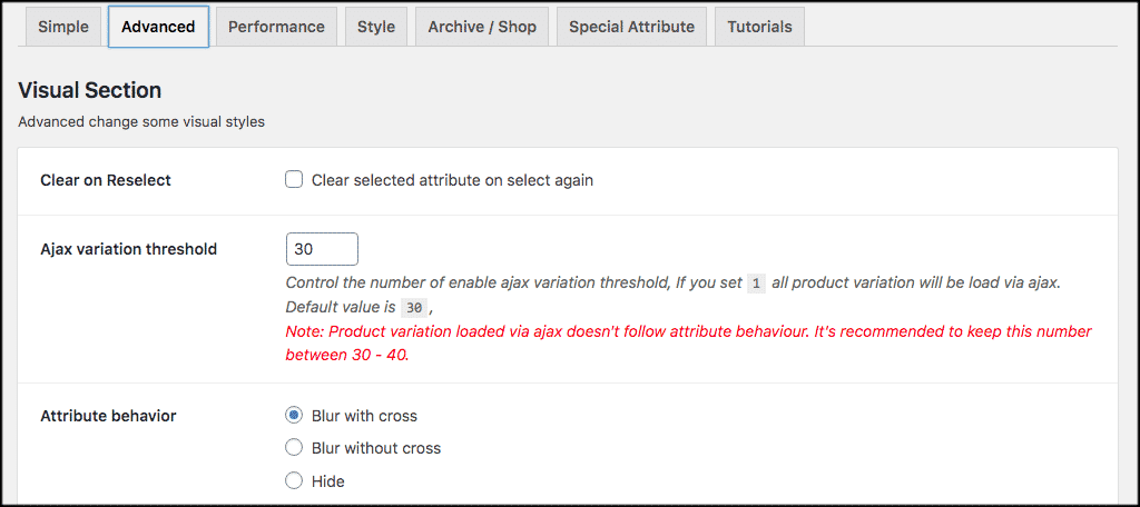 Advanced settings woocommerce product variations