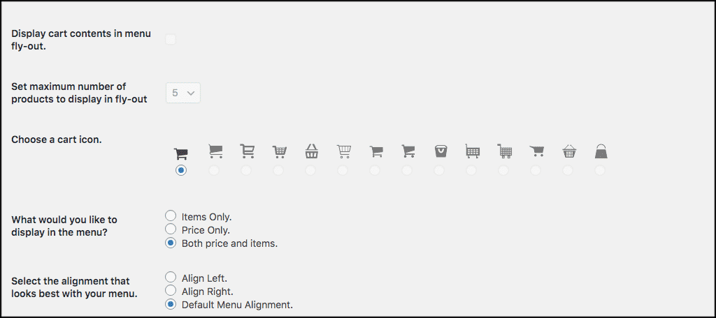 More cart icon settings