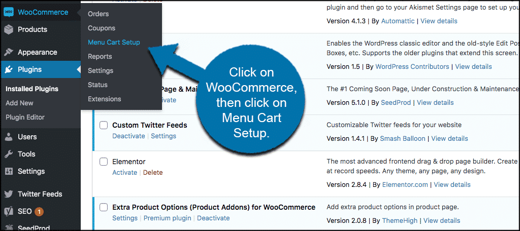 Click woocommerce then click menu cart setu