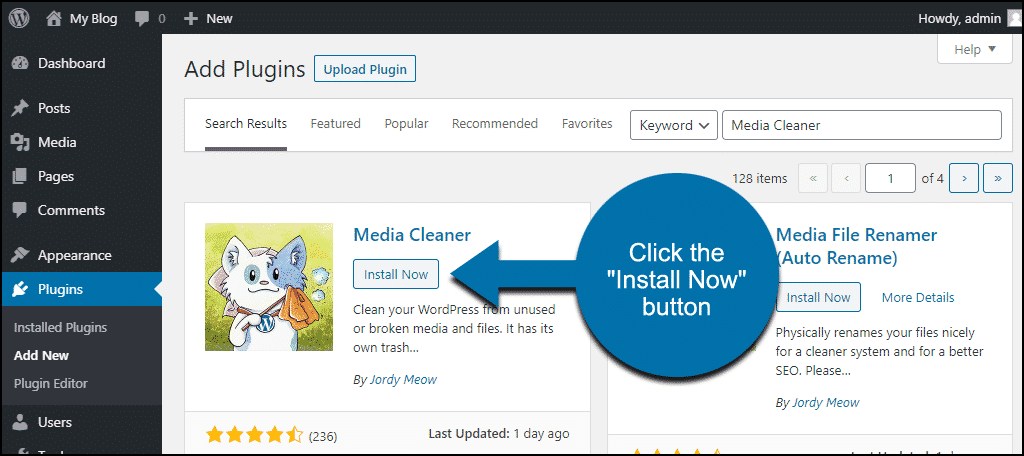 click to install the WordPress Media Cleaner plugin