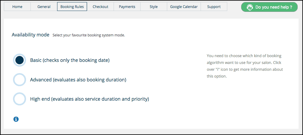 Booking tab for salon booking system